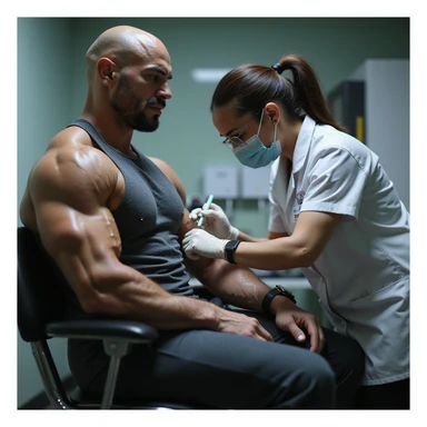 bodybuilder undergoing blood draw by a nurse in a blood test laboratory, sportswear, prominent muscles, realistic atmosphere, hyperrealistic 4K details, medical environment sticker