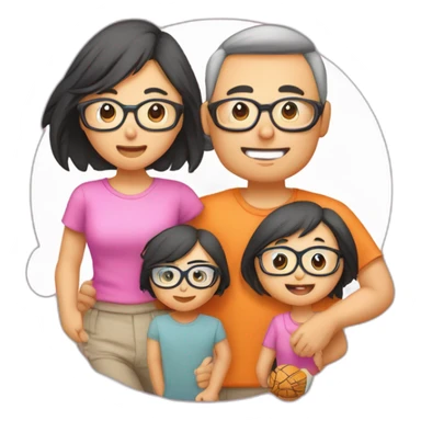 Famille 4 personne un fils aîné avec un t-shirt de basket une fille cadette au cheveux long avec des lunette un père asiatique une mère avec des formes sticker