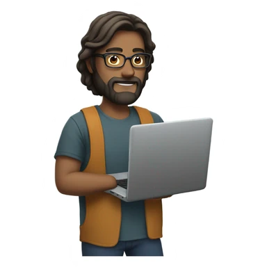A guy with semi-long hair, beard and glasses holding laptop sticker