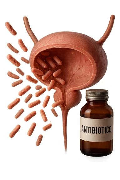 batteri intestinali che migrano ed entrano in una vescica anatomica realistica per infettarla, davanti a lei fluttua una boccetta con la scritta "ANTIBIOTICO", iperrealistico 4k sticker