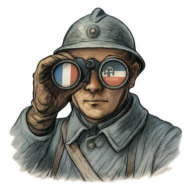 Военный времен Первой мировой смотрит прямо на зрителя в бинокль в одной линзе отражается французский флаг, в другой флаг Германской империи, слегка рисованный, но при этом объемный стиль, прозрачный фон sticker