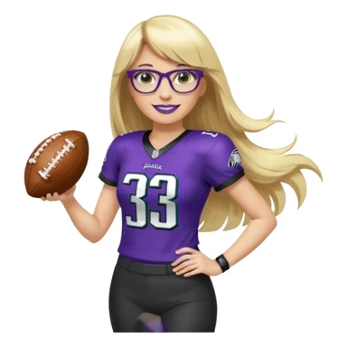 full length women wearing eagles uniform, long blonde hair, straight bangs, black glasses, holding football, number 33, smiling, purple lipstick sticker