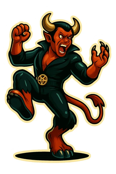 Create an image of the character performing a big, dramatic stomp with one foot raised and coming down, in the same retro sticker style. The background should be transparent and no other characters or elements should be included, just the stomp pose. sticker