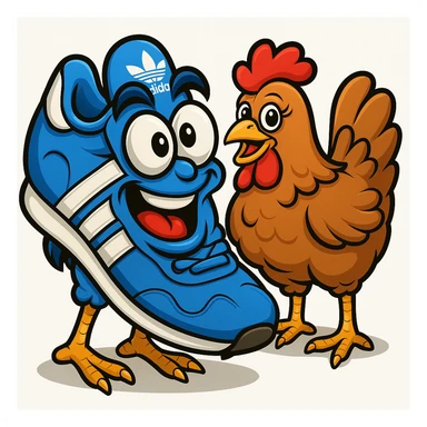 Make the blue Adidas sneaker with a face and chicken legs much more caricatured, exaggerating the features and expressions, while maintaining the emoji style look. sticker