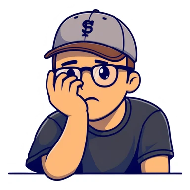 A man with a grey baseball cap, brown eyes,  and glasses, facepalm sticker