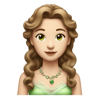 girl with brown hair. they are beautifully styled in a light wave. A small tiara in her hair. The eyes are green. The face is slightly rounded. The girl is dressed in a delicate and elegant carpet. Decoration on the neck and earrings in the ears

 sticker