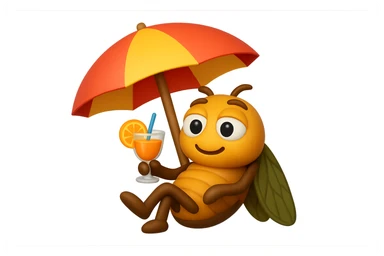 EMOJI STILE IPHONE 3D DI UNA CICALA CHE STA RILASSATA SEDUTA SOTTO L'OMBRELLONE IN SPIAGGIA CON UN COCKTAIL IN MANO, FAGLI GLI OCCHI CON LA PARTE BIANCA, NON SOLO LA PUPILLA sticker