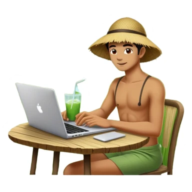 A digital nomad sits at a rustic open-air café in Bali, working on a sleek laptop while sipping coconut water, surrounded by lush green rice terraces and swaying palm trees sticker