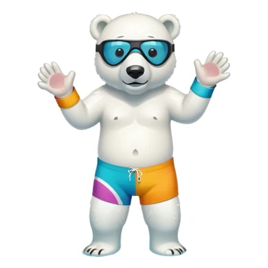 friendly anthropomorphised polar bear standing in a small puddle, wearing colorful board shorts, swimming armbands, scuba mask over eyes sticker