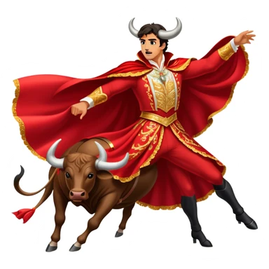 ​Cinematic Realistic Spanish Matador Holding a Red Cape, depicted in mid-action with a vibrant red cape flowing in the wind, dressed in an ornate traje de luces with shimmering details, confronting a charging bull in a dramatic arena, rendered with dynamic motion blur and vivid, high-contrast lighting, sticker