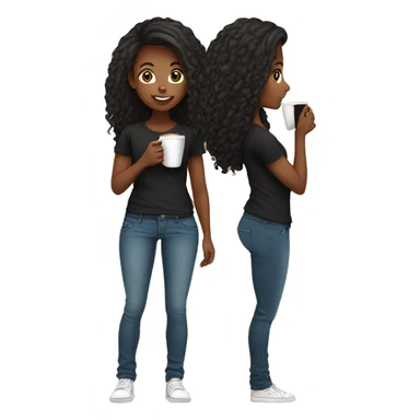 African American female with long hair talking on cellphone and holding a coffee wearing black shirt and jeans full length chibi sticker