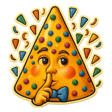 Add a finger in front of the pursed lips to clearly show the shushing gesture, keeping the cone party hat, confetti, and cheerful expression, no background. sticker