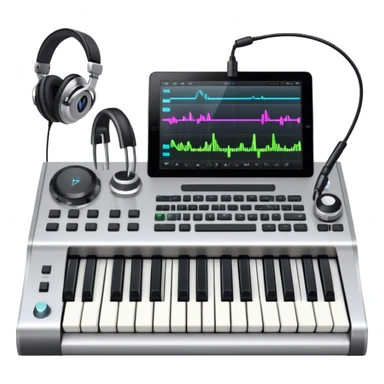 Create a professional and artistic emoji that represents writing music tracks. The design should feature a digital audio workstation (DAW) screen with visible waveforms, a MIDI keyboard, and a high-quality microphone to symbolize the tools used in music production. Add elements like studio headphones and an audio interface to reflect the technical aspects of creating a track. Use sleek, modern colors like silver, black, and neon accents to convey the professional environment of music composition. The background should be transparent. sticker