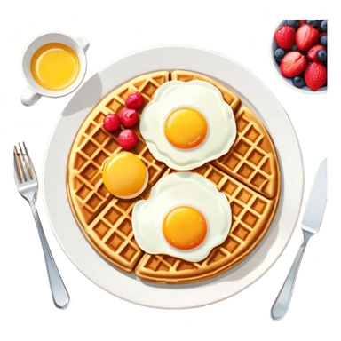 Brunch spread with waffles, eggs, and fruit on a table sticker