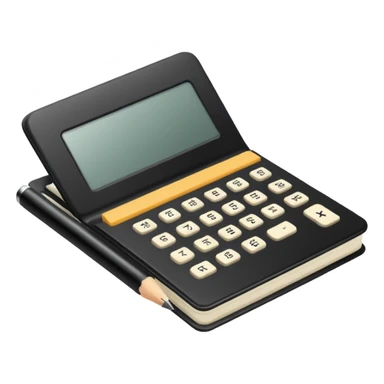 Minimalistic flat vector icon, iOS style, thin black contour on white background. Small black notebook with visible binding, placed next to a calculator. Clean, modern, no text, no shadows. sticker