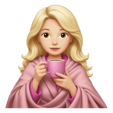 Blonde long wavy hair lady inside a beige blanket sipping coffee in pink cup sticker