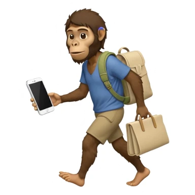 Draw an Australopithecus walking like a nomad, carrying a cloth bundle on its back and holding an iPhone in one hand and an open laptop (screen visible) in the other, in a cute flat iPhone emoji style sticker