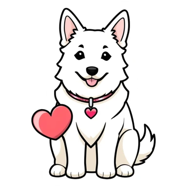 white Swiss Shepherd dog with a Glitter collar . ober the Dog ist a heart sticker