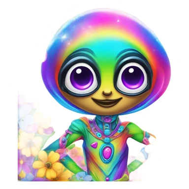 Lisa frank rainbow alien with big oval head and big black eyes with flowers sticker