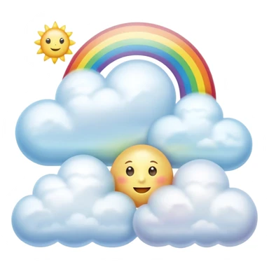 3d rendering, isolated, opalescent pearlescent colored, perfectly shaped, soft fluffy clouds, with a soft buttery sun shape and a small rainbow behind, dpi 300, 8k sticker