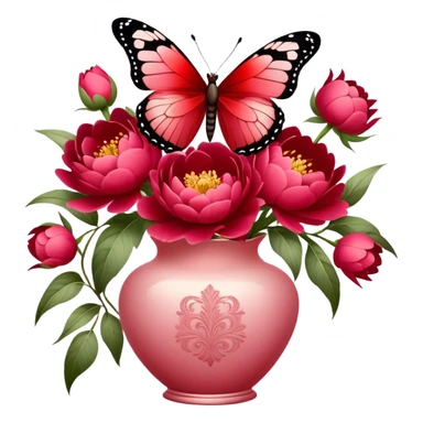 Delicate butterfly with Ruby and Wine Red wings perched on a Fiery Red bouquet of Peonies in an elegant Pastel Rose vase, bathed in warm, soft lighting. sticker
