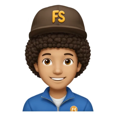 young black male with afro hair, smiling, wearing a cap with 'FS' logo sticker