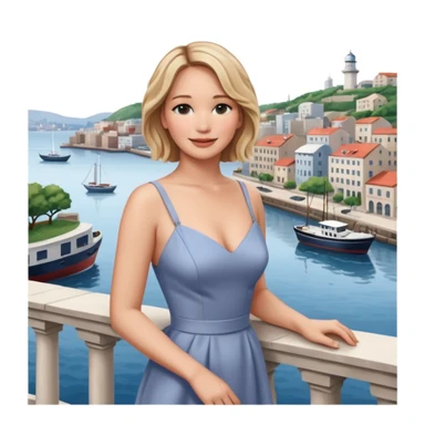 jennifer lawrence, closeup portrait , leaning on a balcony with a harbor and cityscape in the background, smiling sticker