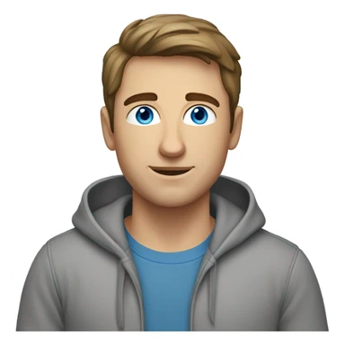 A caucasian man with short brown hair wearing a grey hoodie with blue eyes sticker