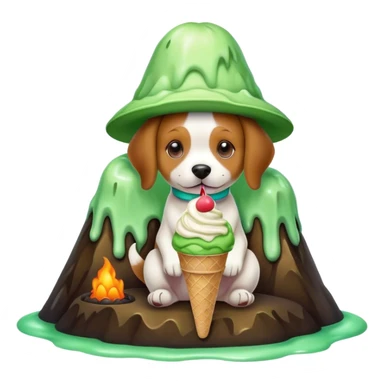 a dog with a hat and ice cream in green colour and sitting in a volcano sticker