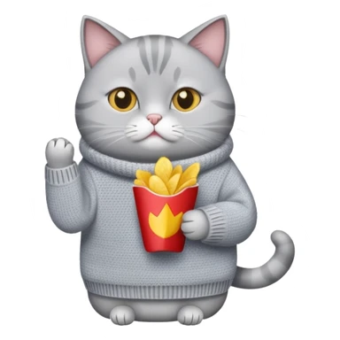 Light gray cat in sweater freezing eating hot chips sticker