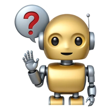 cute robot emoji with a speech bubble containing a question mark and a small error icon, representing an AI bot that sometimes makes errors sticker
