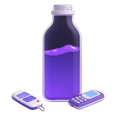 3D style transparent bottle with floating purple elixir inside and a Nokia 3310 style phone, very realistic, no text sticker