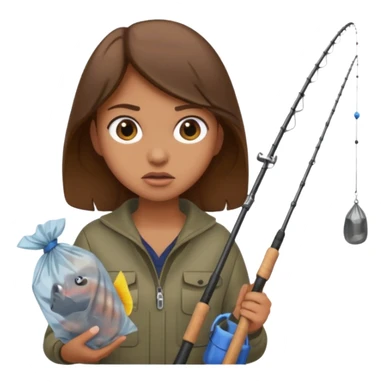 girl fishing, caught trash bag on rod sticker