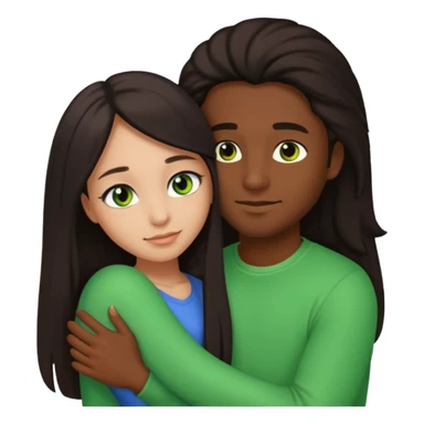 black guy with brown eyes and a girl with long dark hair, green eyes, and light skin in a side hug, emoji style sticker