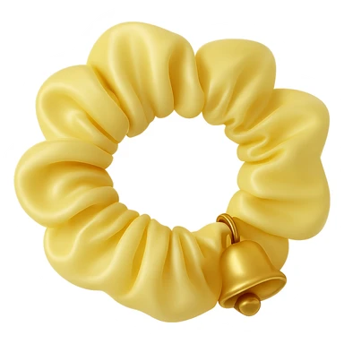 Change the gold star charm to a small Christmas bell charm on the pastel yellow silky scrunchie, keep the 3D emoji style and shimmer effect. sticker