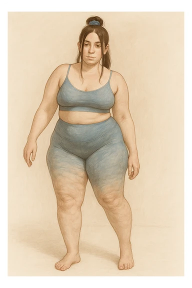Realistic anatomical illustration of a woman with mild hip asymmetry, water retention, and cellulite, viewed in a soft, educational, body-positive way. sticker