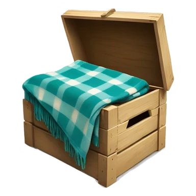 PRealistic isolated teal and cream color plaid blanket draped across wooden crate box with matching book on top of blanket. sticker