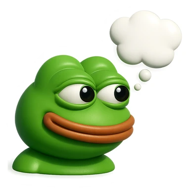 make a pepe in bright green smiling with thought bubble looking at right side in 3d style, good highlights and shadows, drop shadows sticker