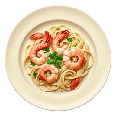 create a Whole Shrimp Linguini stylized thicker  with white plate Camera angle: slightly elevated top-down view with a gentle bird’s-eye perspective (about 15–20°), identical perspective and scaled do not add anything on plate


 sticker