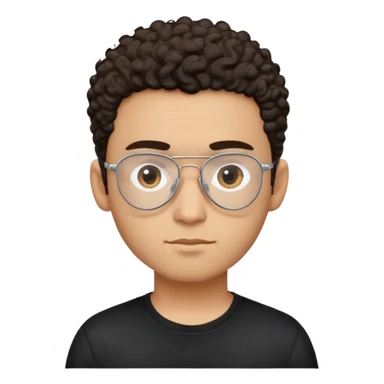 Latino man with light brown complexion, small face and prominent forehead, teardrop-shaped aviator glasses, totally shaved sides with very minimal dark curly hair only on top, gentle expression, simple black t-shirt sticker