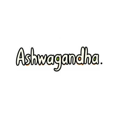 The word "Ashwagandha" hand-drawn in white/cream colored text with just a few green and orange accents. Simple doodle style. sticker