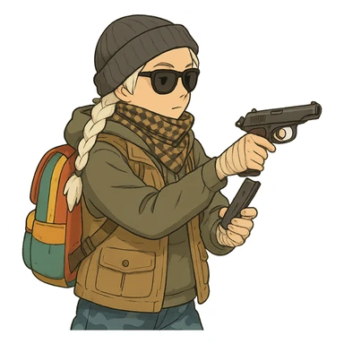 1 female, long white braid, knit cap, dark sunglasses, shemegh neckwrap, fishing vest, vibrant shool backpack, drab hoodie, handwraps, blue camo pants, executing a tactical reload of a makarov pistola sticker