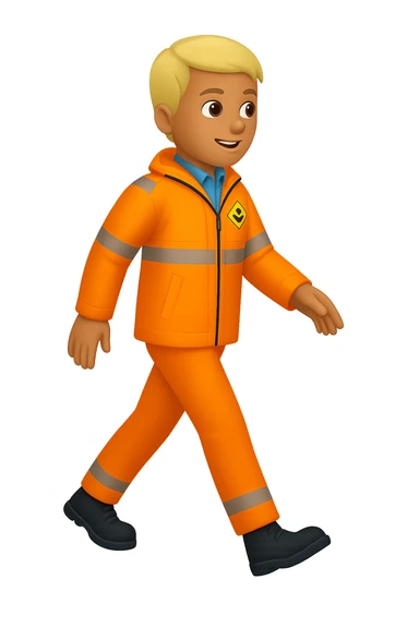 Create a full-body person walking, wearing a high-visibility jacket, no hard hat, in the style of apple emojis, with no background (transparent). sticker