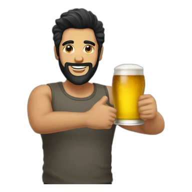 Man black hair anda beard with a beer anda thumb up sticker