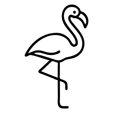 A flamingo with a long slender neck, standing on one thin leg with the other leg tucked up. The bird has a characteristic curved beak and elegant posture. sticker