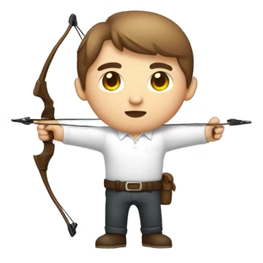 a male, aiming with a bow, facing  his target, eyes closed, wearing a white shirt, very short brown hair, bright skin, only show upper part of the body from waist up sticker
