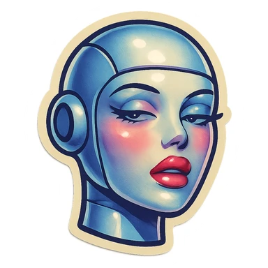 sexy female bot, Telegram sticker style, very pale skin, expressive lips, languid gaze, light blush, head only without neck, white background sticker