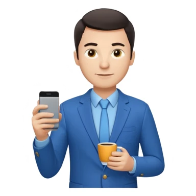 Confident male entrepreneur, Caucasian features, short dark hair, defined eyebrows, slight smile, wearing blue blazer over light blue shirt, holding a smartphone in one hand and a coffee cup in the other, waist-up, front-facing sticker