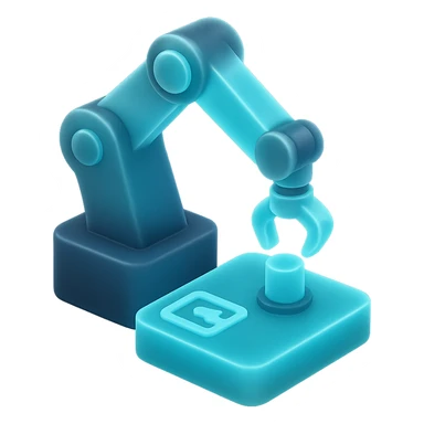 robotic arm automating a process, colors #3B2C85, #83fff8, #2C2828, matte glass style sticker