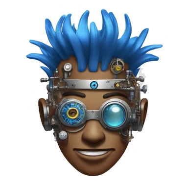 Brown cyborg head with blue Mohawk, blue beard, silver steampunk monocle goggles a smile and circuits sticker